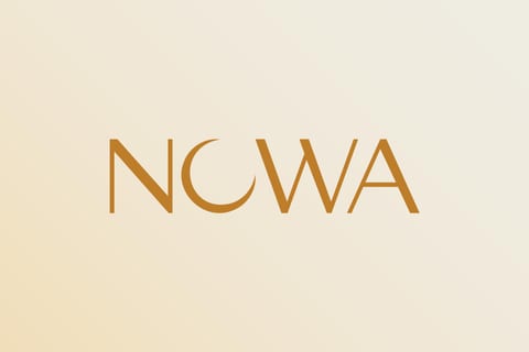 The NOWA wordmark in gold, its O drawn as a crescent moon.