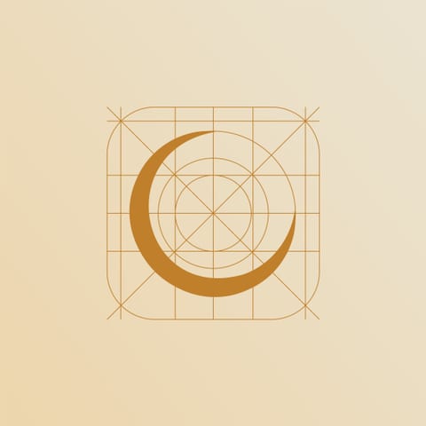 The NOWA crescent-moon mark on its geometric construction grid of circles and guides.