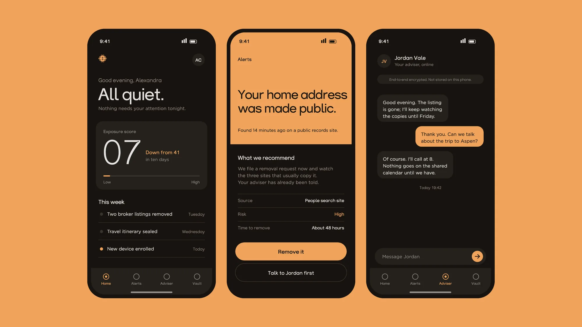 Three BlackOrchid app screens: an exposure score, an alert that a home address was made public, and a chat with an adviser