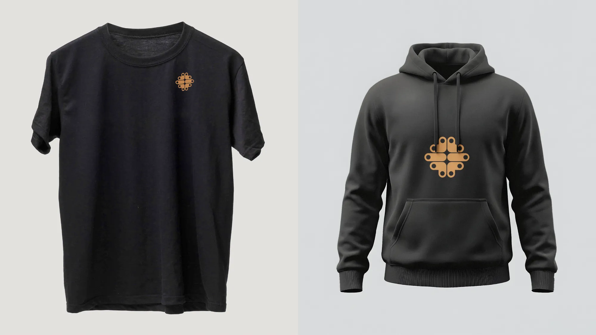 A black tee with a small ember BlackOrchid emblem at the chest, beside a dark hoodie carrying the emblem larger across the front.