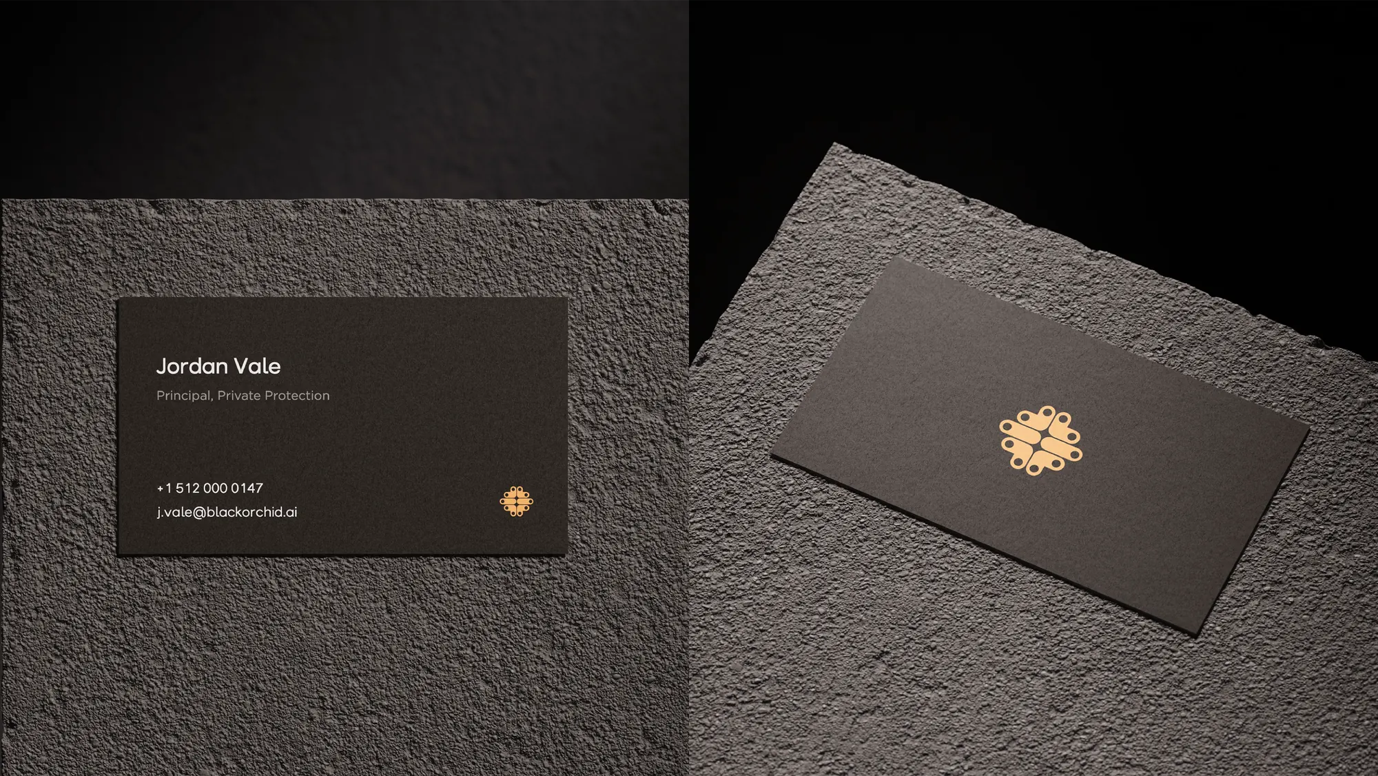 Two BlackOrchid business cards on textured concrete, one showing contact details, the other only the ember emblem