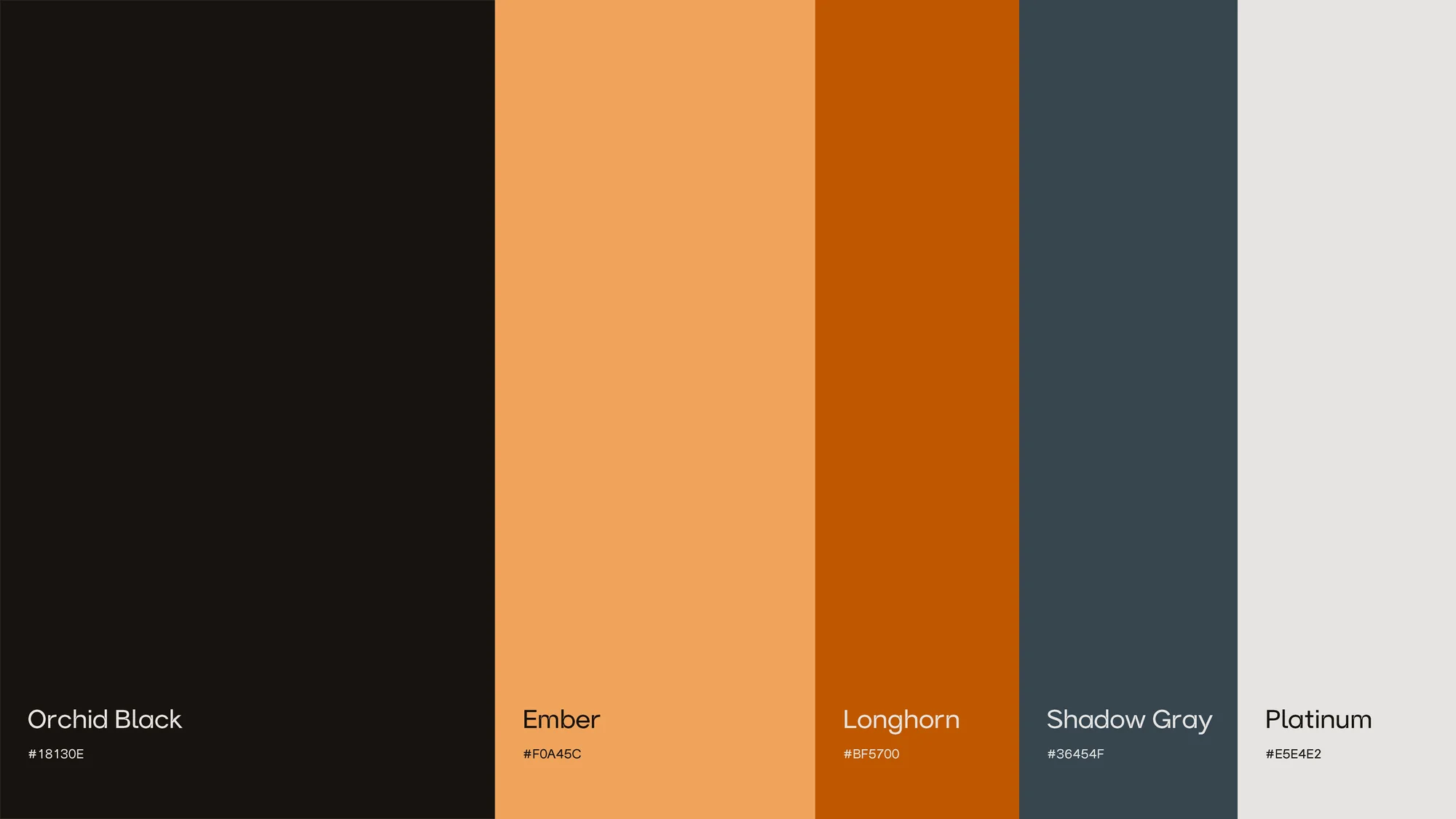 The palette in five bands: Orchid Black, Ember, Longhorn, Shadow Gray and Platinum