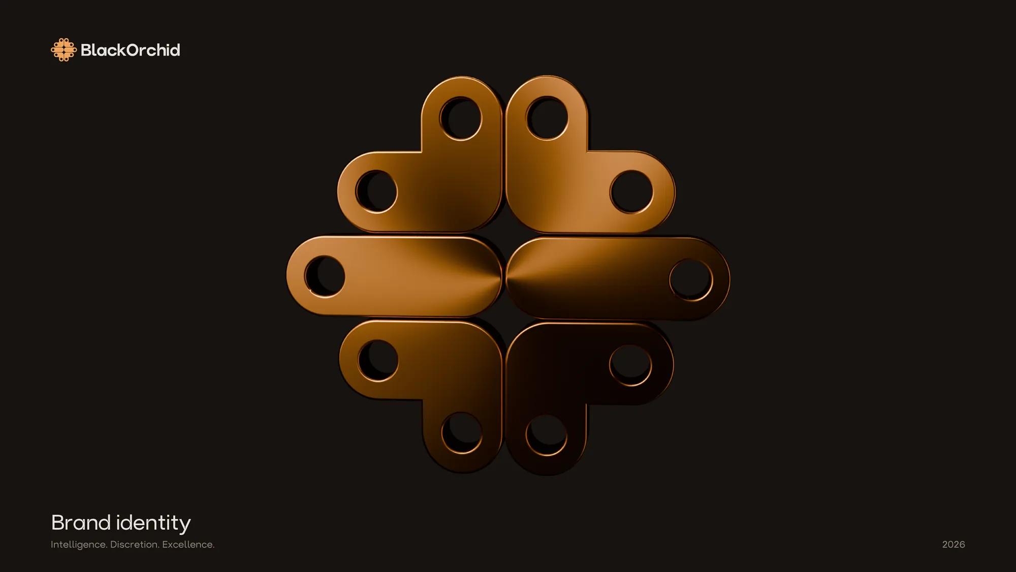 The BlackOrchid emblem rendered in bronze on a near-black ground: eight rounded petals, each ending in a ring-shaped node, above the words Intelligence. Discretion. Excellence.