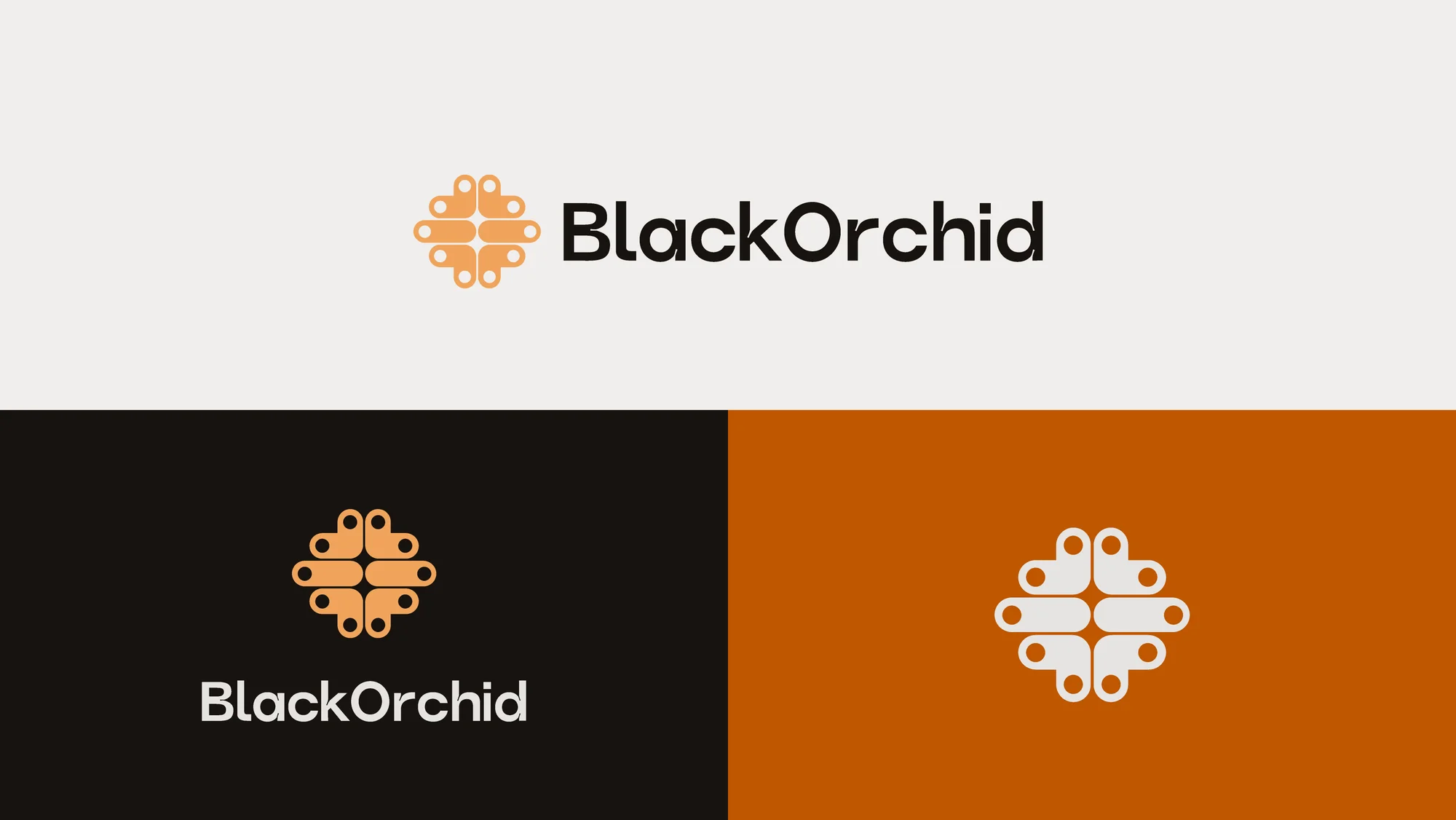 Three versions of the BlackOrchid logo: the emblem and wordmark in black on platinum, the same reversed in ember and white on near-black, and the emblem alone in platinum on burnt orange.