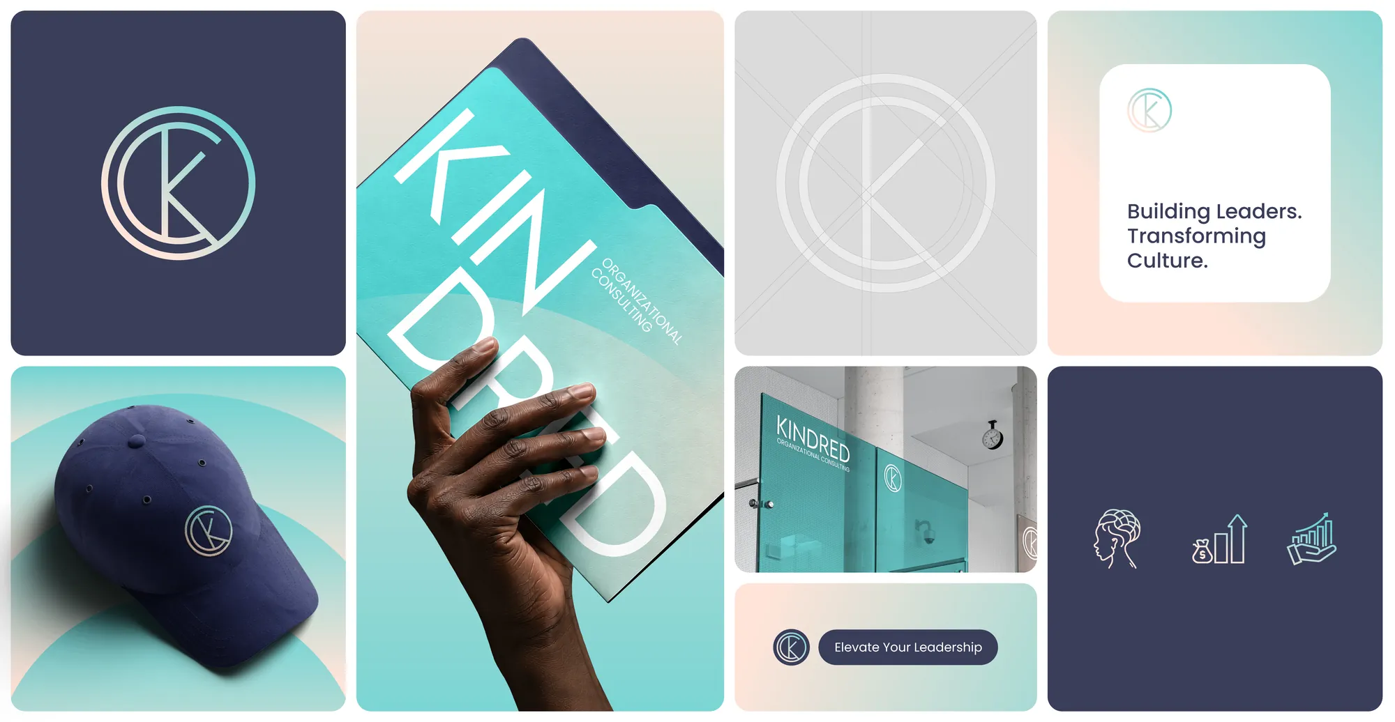 A grid of Kindred brand tiles: the monogram on indigo, a hand holding the folder, the construction grid, a card reading Building Leaders. Transforming Culture., the cap, the glass signage, a navy pill button and three line icons on indigo.