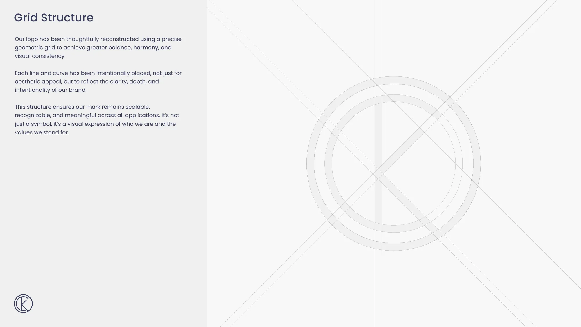 The Grid Structure page of the Kindred brand guidelines: the monogram drawn in outline over concentric circles and diagonal construction lines.