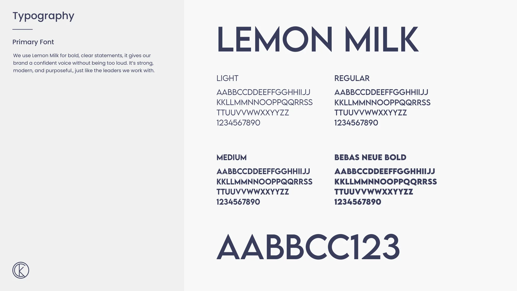 The Typography page of the Kindred brand guidelines showing Lemon Milk, the primary font, with its alphabet and numerals in several weights.