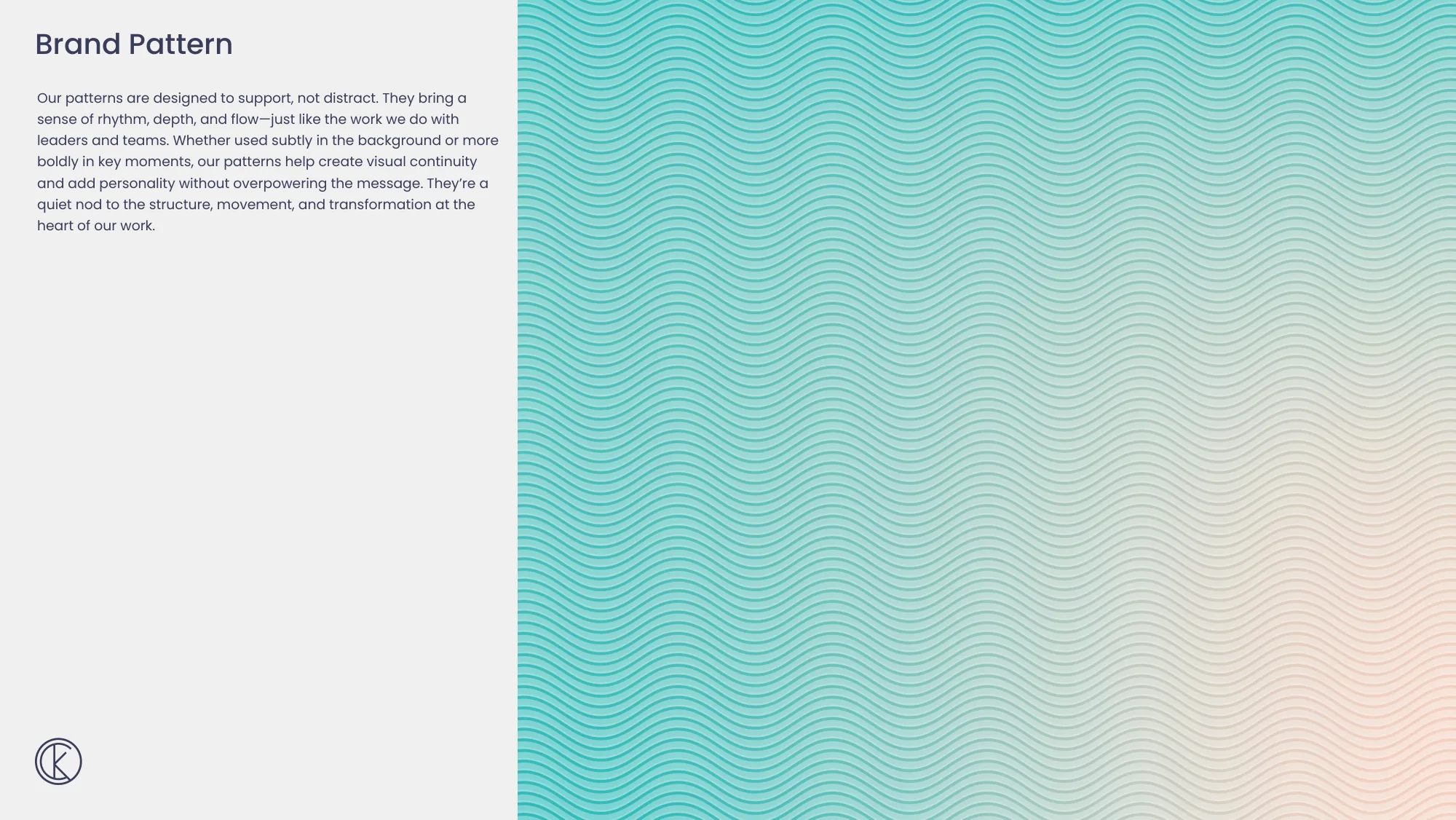 The Brand Pattern page of the Kindred brand guidelines: fine flowing lines in a gradient from mist to blush.