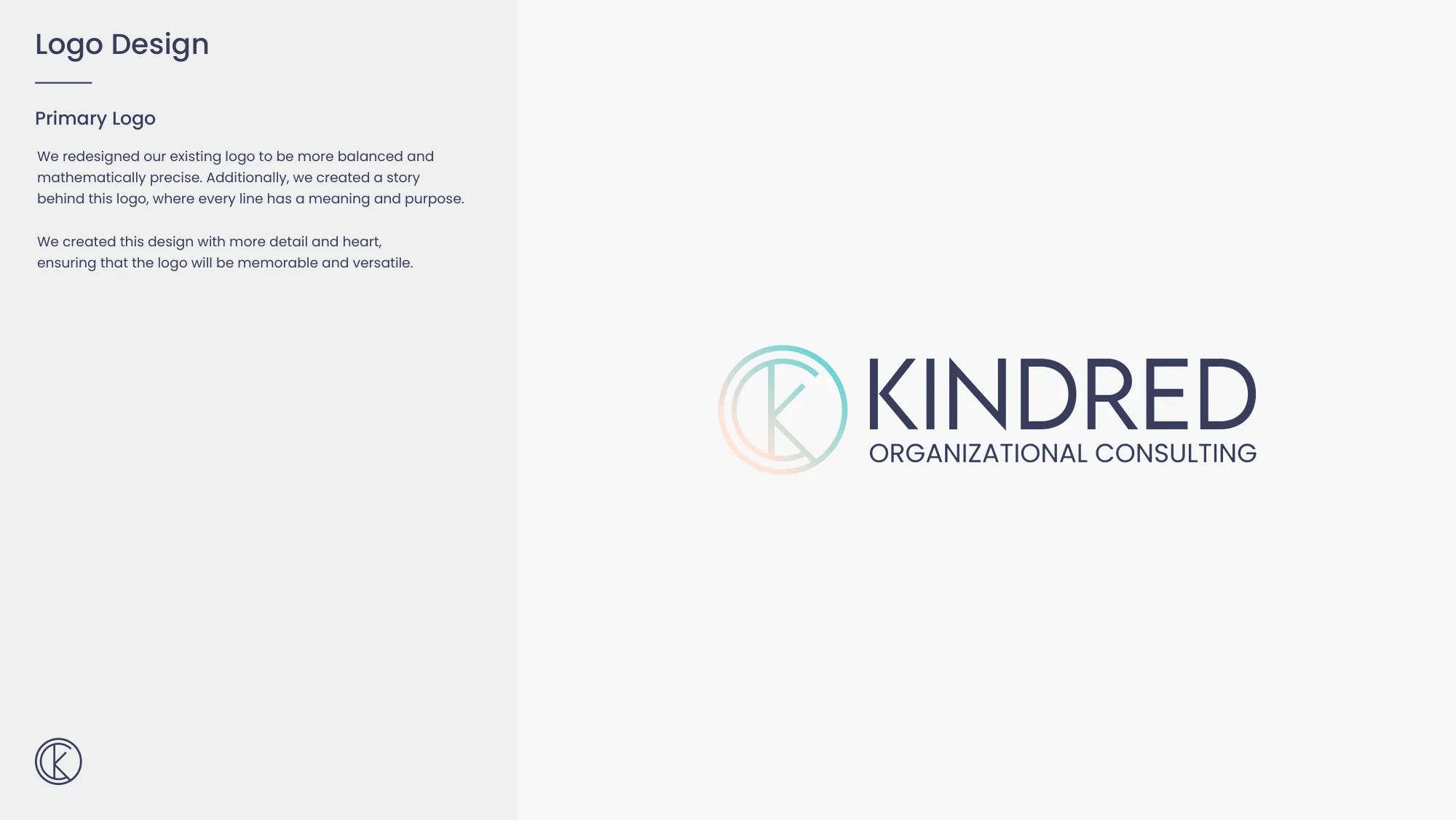 The Logo Design page of the Kindred brand guidelines: the redesigned monogram in a gradient from mist to blush beside the Kindred Organizational Consulting wordmark in indigo.
