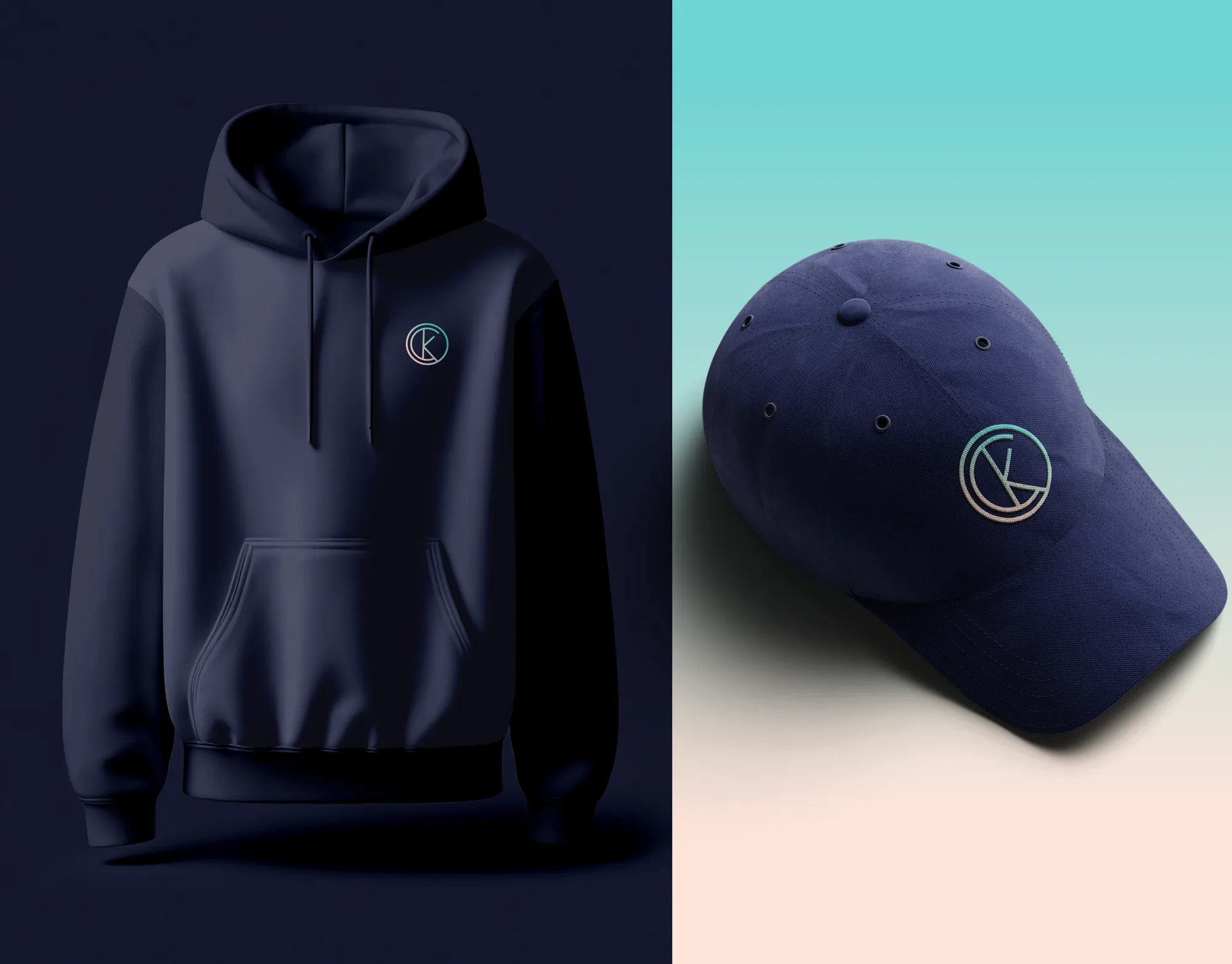 A navy hoodie with the gradient Kindred monogram on the chest, beside a navy cap carrying the monogram against a background that fades from mist to blush.