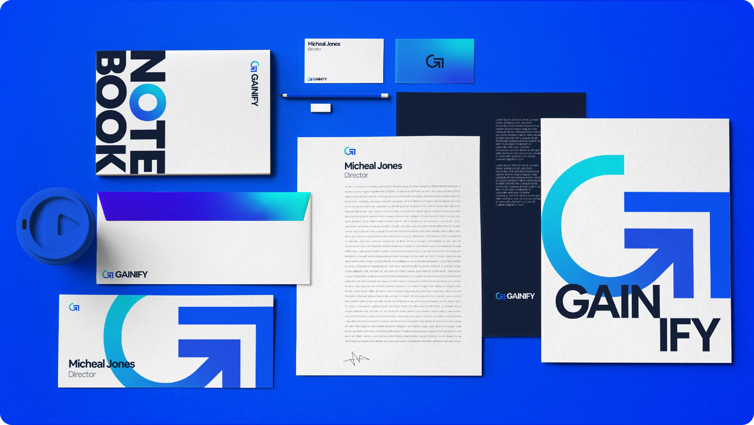 Gainify brand identity: stationery, cards and collateral