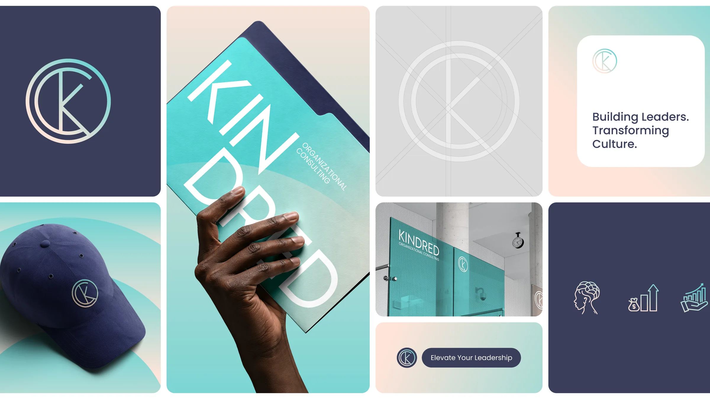 Kindred brand tiles: the monogram, the construction grid, the folder, the cap and the glass signage